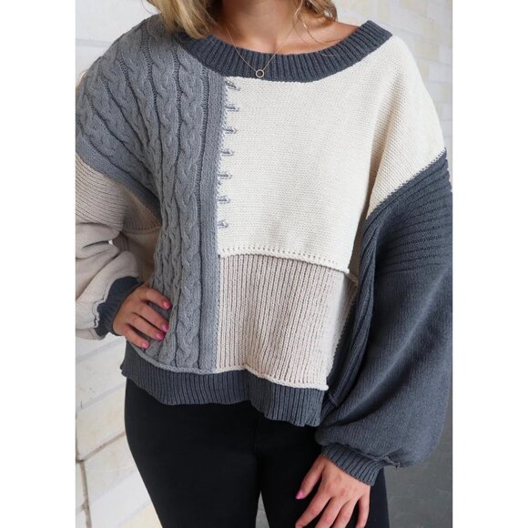BY THE RIVER Gray + Beige Colorblock Tie-Back Neck Latern Sleeve Sweater NWOT S - Picture 2 of 10